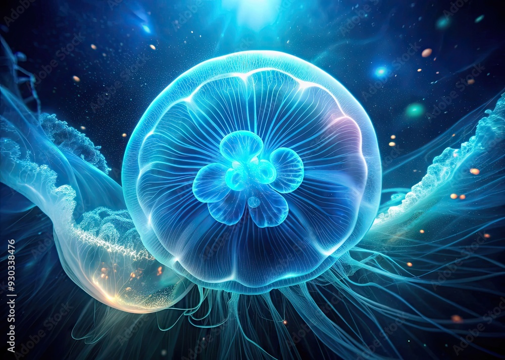 Mesmerizing moon jellyfish Aurelia aurita glows against a dark, abstract background of swirling blue and teal tones, evoking an otherworldly underwater atmosphere. Mesmerizing moon jellyfish Aurelia aurita glows against a dark, abstract background of swirling blue and teal tones, evoking an otherworldly underwater atmosphere.