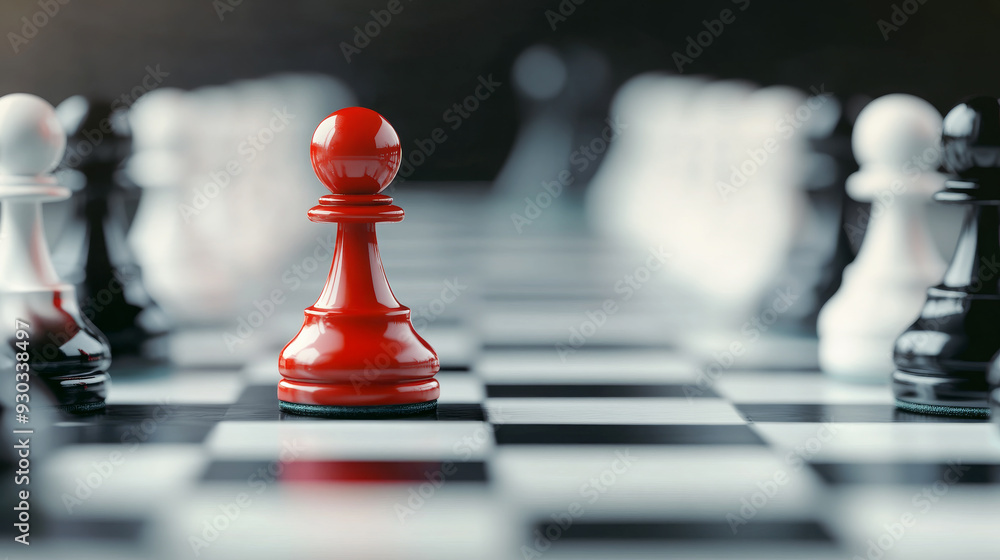 Red Pawn Standing Out on Chessboard Red Pawn Standing Out on Chessboard