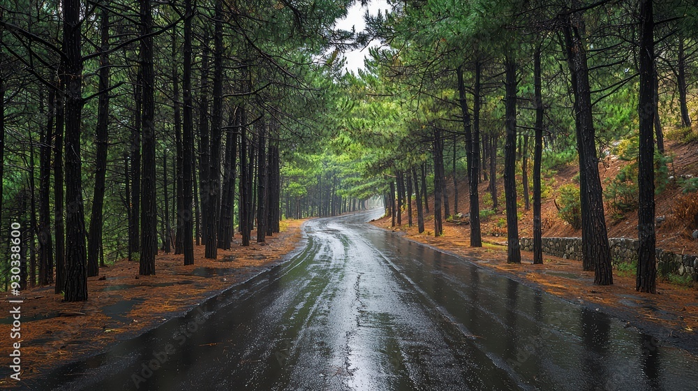Fototapeta premium A serene and tranquil forest road, surrounded by tall pine trees, glistening with rain. atmosphere evokes sense of calm and reflection. 