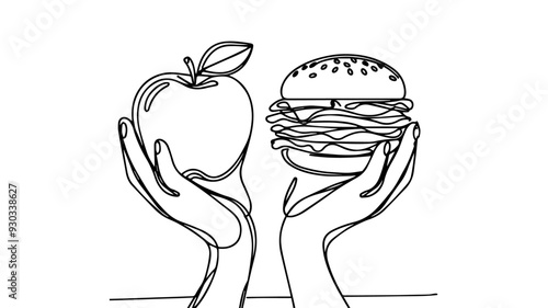 Fast-food vs balanced menu choice one line illustration