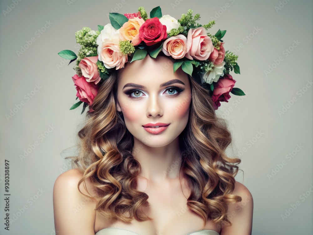 Lovely young woman with flawless skin and luscious wavy hair adorned with a vibrant floral summer wreath, posing elegantly against a crisp white backdrop. Lovely young woman with flawless skin and luscious wavy hair adorned with a vibrant floral summer wreath, posing elegantly against a crisp white backdrop.