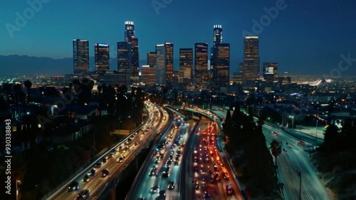 Los Angeles Skyline at Night with Traffic