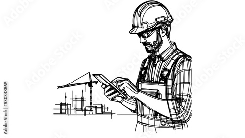 a construction worker is using a tablet on a construction site line art