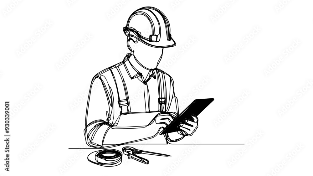 construction worker using a tablet one line drawing construction worker using a tablet one line drawing