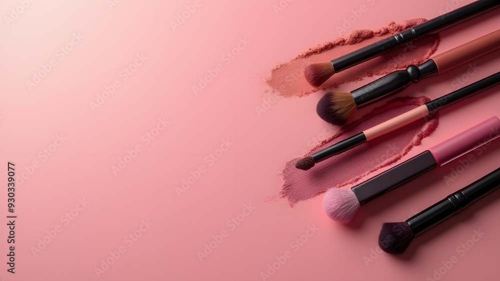 A flat lay of makeup brushes over strokes of blush on a soft pink background, creating a chic and elegant beauty scene A flat lay of makeup brushes over strokes of blush on a soft pink background, creating a chic and elegant beauty scene