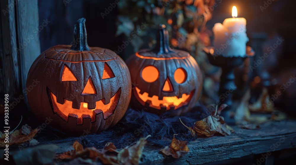 Fototapeta premium Two carved pumpkins, Halloween decorations, glowing faces, autumn leaves, candlelight ambiance. scene evokes spooky yet festive atmosphere. 