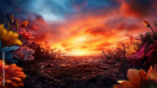 A peaceful garden with vibrant flowers facing a desolate landscape with withered plants and flames photo