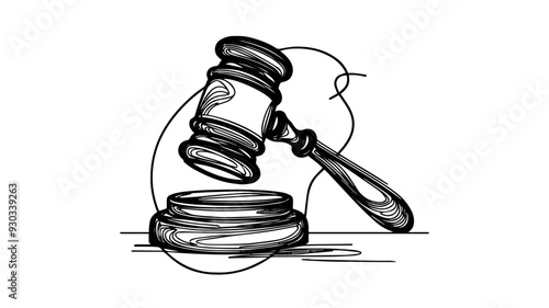 a gavel on a wooden surface one line illustration
