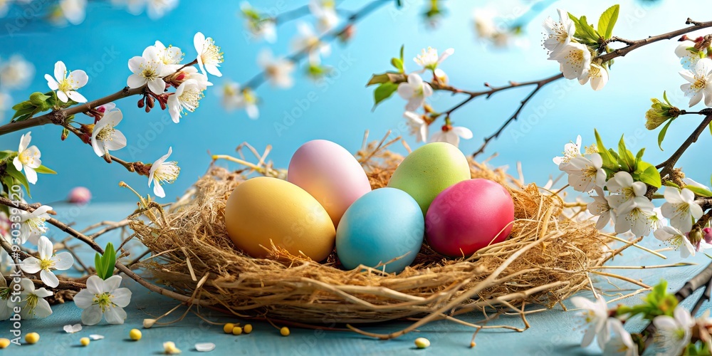 Vibrant Easter eggs nestled among straw and blooming white tree branches, set against a serene blue background, evoking springtime joy and festive celebration. Vibrant Easter eggs nestled among straw and blooming white tree branches, set against a serene blue background, evoking springtime joy and festive celebration.