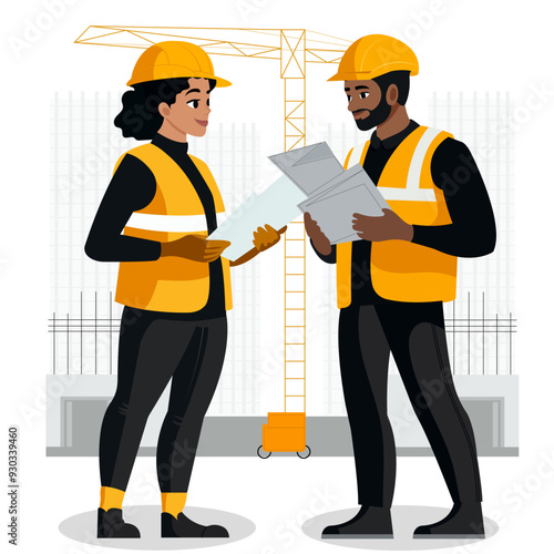Two construction engineers standing together and discussing looking at a blueprint plan