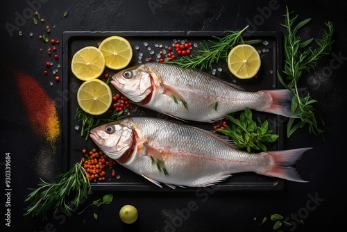 photo top view fresh fish slices with lemon on dark background seafood health meat color water food dinner photo