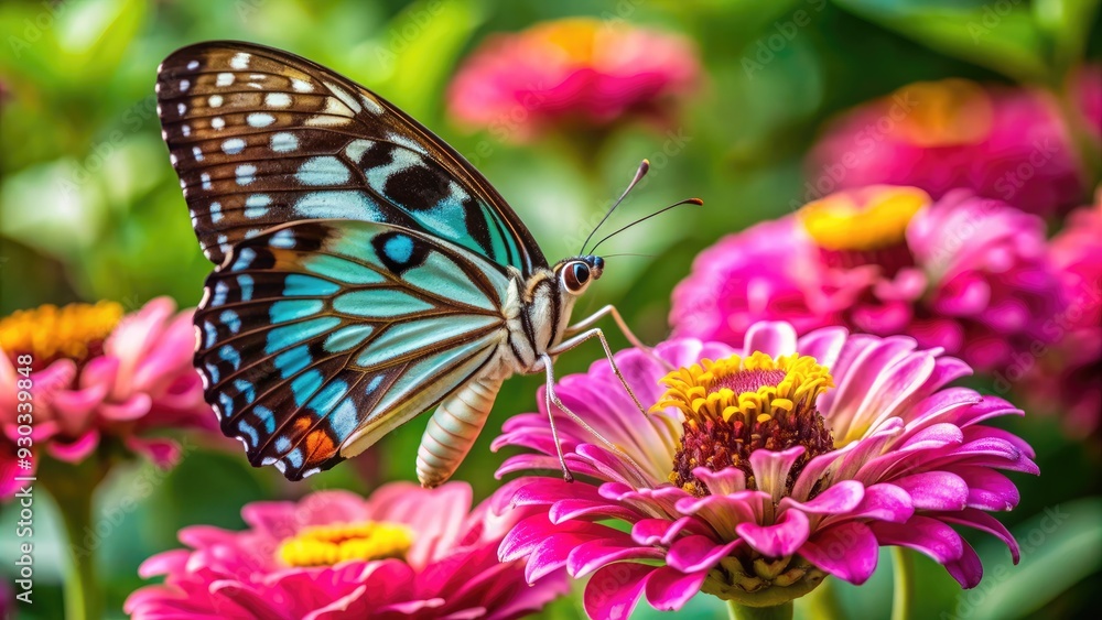 Vibrant common jay butterfly sips sweet nectar from a delicate pink zinnia flower in a lush garden, surrounded by soft, blurred greenery. Vibrant common jay butterfly sips sweet nectar from a delicate pink zinnia flower in a lush garden, surrounded by soft, blurred greenery.