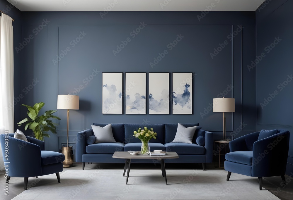 Fototapeta premium A modern living room with a gray sofa, armchairs, and a coffee table in front of a fireplace. The walls are painted in a dark blue color, and there are four framed artworks hanging on the wall.