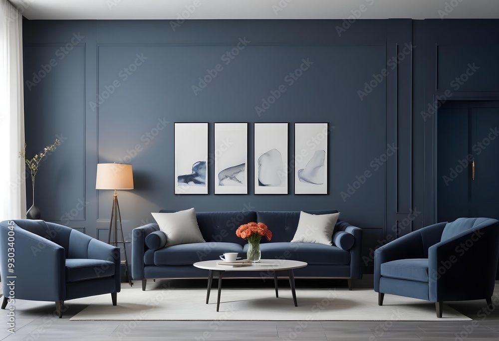 Fototapeta premium A modern living room with a gray sofa, armchairs, and a coffee table in front of a fireplace. The walls are painted in a dark blue color, and there are four framed artworks hanging on the wall.