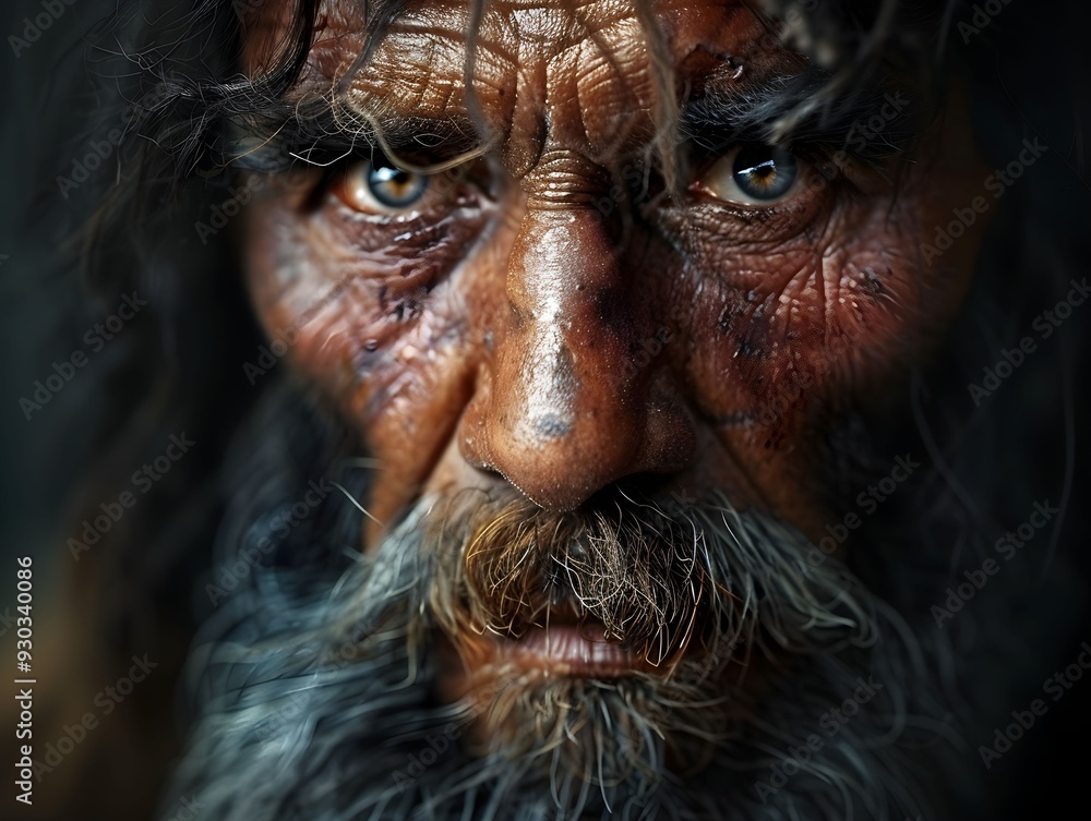 A weathered man with deep-set eyes and a rugged beard stares intensely, showcasing a life marked by experience and resilience in a dimly lit environment A weathered man with deep-set eyes and a rugged beard stares intensely, showcasing a life marked by experience and resilience in a dimly lit environment
