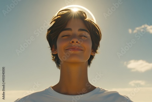 Young boy with a glowing halo around his head smiling with joy and contentment symbolizing innocence happiness and the bright energy of childhood in a serene sunlit environment