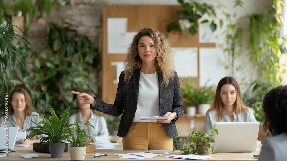 A woman is leading a meeting or presentation in an office. The environment is modern and full of trees, which adds a natural and refreshing atmosphere to the workspace. The woman looks confident. A woman is leading a meeting or presentation in an office. The environment is modern and full of trees, which adds a natural and refreshing atmosphere to the workspace. The woman looks confident.