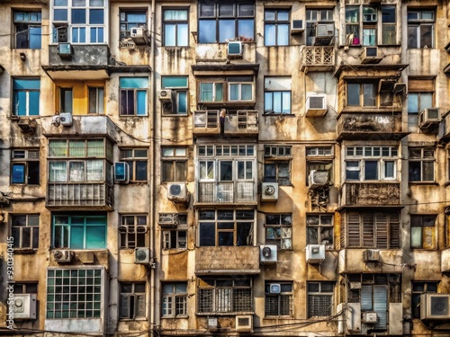 Wallpaper Mural A dilapidated urban building facade is cluttered with numerous air conditioning units and barred windows, evoking a sense of overcrowding and neglect in a bustling metropolis. Torontodigital.ca