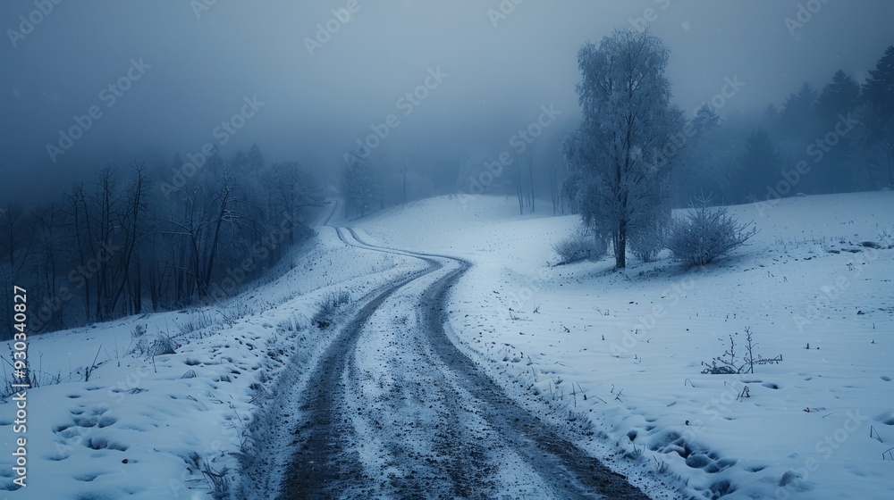 Curving winter road through a snowy landscape on a foggy morning Curving winter road through a snowy landscape on a foggy morning