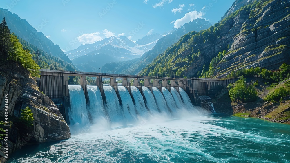 Hydroelectric Dam in Full Operation with Water Flowing Through Spillways Against Rugged Mountains and Clear Blue Sky - Sustainable Energy Generation Hydroelectric Dam in Full Operation with Water Flowing Through Spillways Against Rugged Mountains and Clear Blue Sky - Sustainable Energy Generation