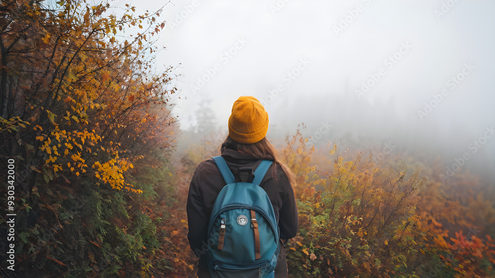 Foggy cold morning weather in autumn. Woman with backpack and knit hat hiking in forest at fall season
Foggy cold morning weather in autumn. Woman with backpack and knit hat hiking in forest at fall season