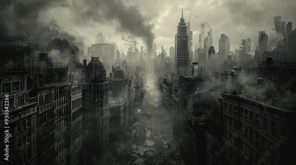 Fototapeta premium Desolate urban landscape after catastrophic event in a foggy city environment