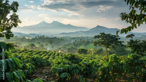 A scenic landscape of a cocoa farm with green foliage and distant mountains