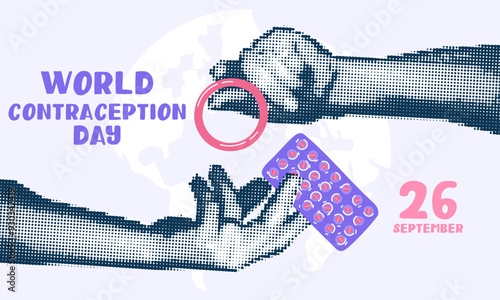 Hands holding contraceptives, a collage pop art grunge. World Contraception Day. Hands holding flat ring and blister of tablets against each other, September 26, made halftone style using vector dots