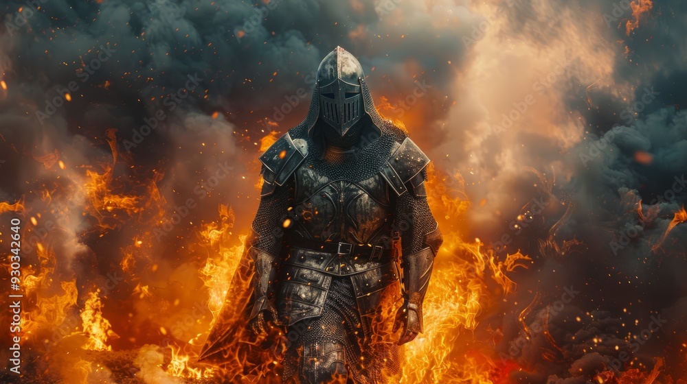 A knight in armor walks through blazing flames on a battlefield at sunset A knight in armor walks through blazing flames on a battlefield at sunset