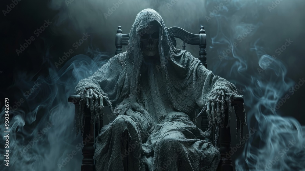 A mysterious figure in a tattered cloak sits in a dark, foggy environment at night A mysterious figure in a tattered cloak sits in a dark, foggy environment at night