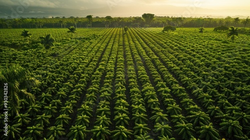 An aerial view of a large cocoa plantation with neatly aligned rows of green cocoa trees