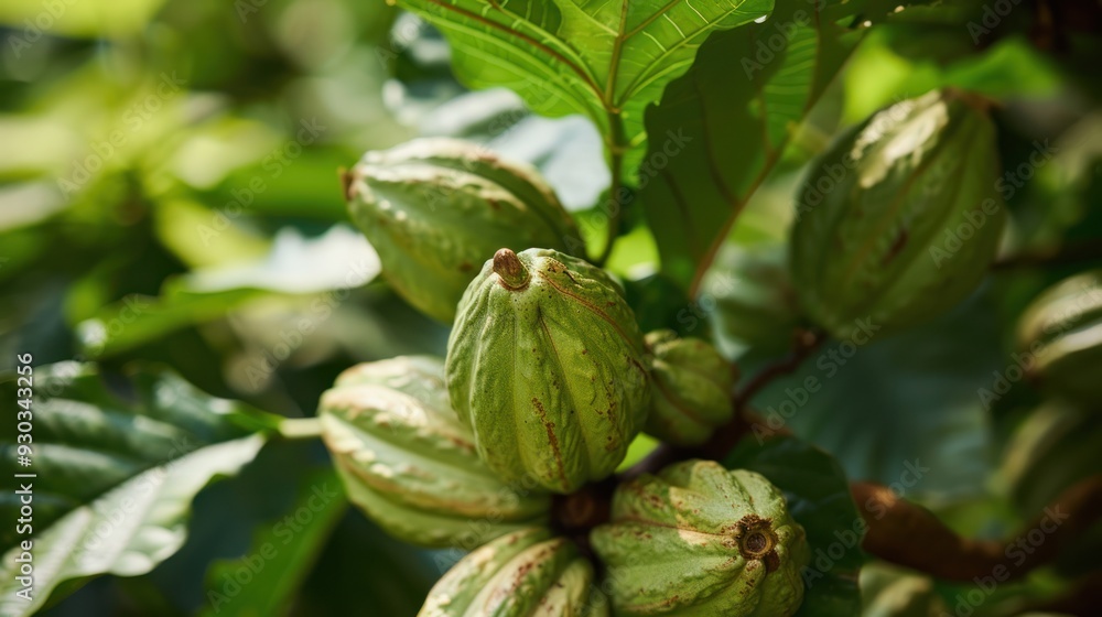 Green cocoa pods growing on a tree branch surrounded by green leaves Green cocoa pods growing on a tree branch surrounded by green leaves