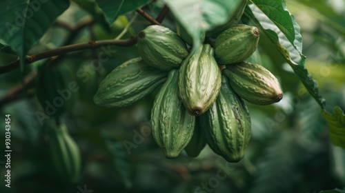 Green cocoa pods growing on a tree branch surrounded by green leaves