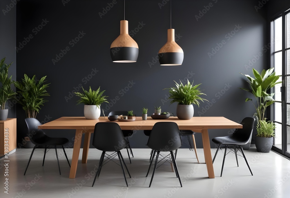A modern dining room with a large wooden table, black chairs, and potted plants on the table. The room has a dark gray wall and pendant lights above the table. A modern dining room with a large wooden table, black chairs, and potted plants on the table. The room has a dark gray wall and pendant lights above the table.