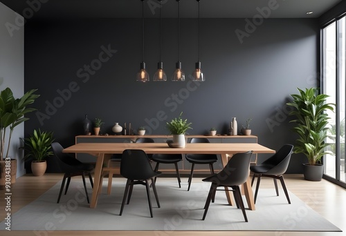 A modern dining room with a large wooden table, black chairs, and potted plants on the table. The room has a dark gray wall and pendant lights above the table.