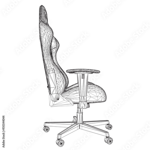 Gaming chair wireframe vector illustration. Drawing of computer chair, comfortable equipment for gaming isolated on white background. Furniture, gaming, comfort concept. 3D.