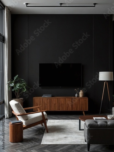 modern minimalist living room dominated by black	