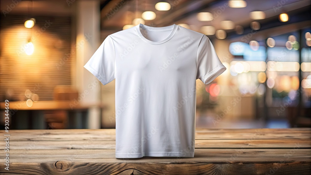 A blank white casual wear t-shirt with folded sleeves on a wooden table against a blurred background, ideal for product placement and branding designs. A blank white casual wear t-shirt with folded sleeves on a wooden table against a blurred background, ideal for product placement and branding designs.