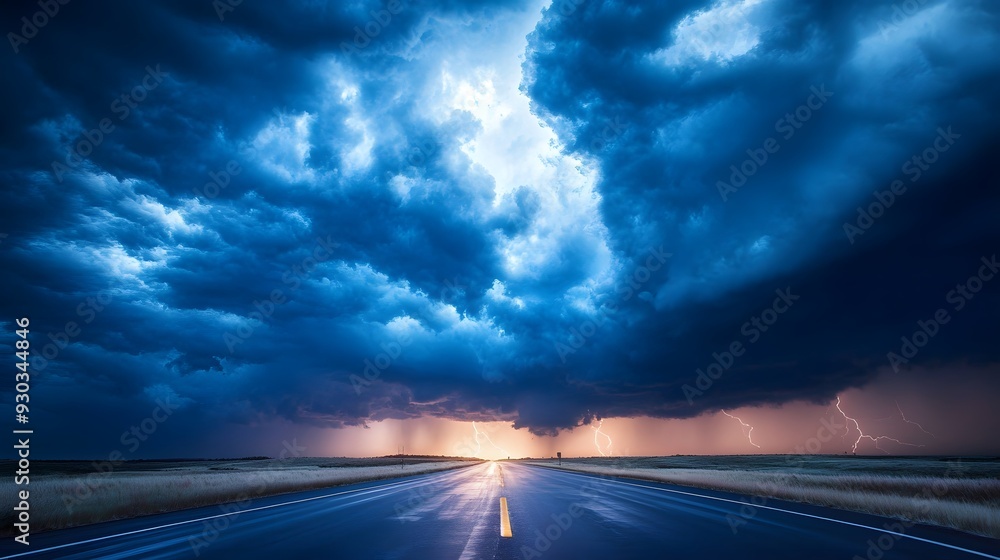 An isolated highway under stormy skies, dramatic clouds and occasional lightning, intense and tumultuous mood, rule of thirds placing the road in the lower third of the frame An isolated highway under stormy skies, dramatic clouds and occasional lightning, intense and tumultuous mood, rule of thirds placing the road in the lower third of the frame