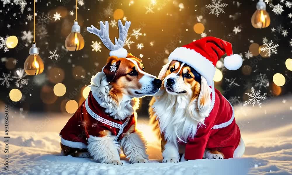 cute dogs in Christmas costumes, one a reindeer and the other Santa, sitting together on a snowy evening cute dogs in Christmas costumes, one a reindeer and the other Santa, sitting together on a snowy evening