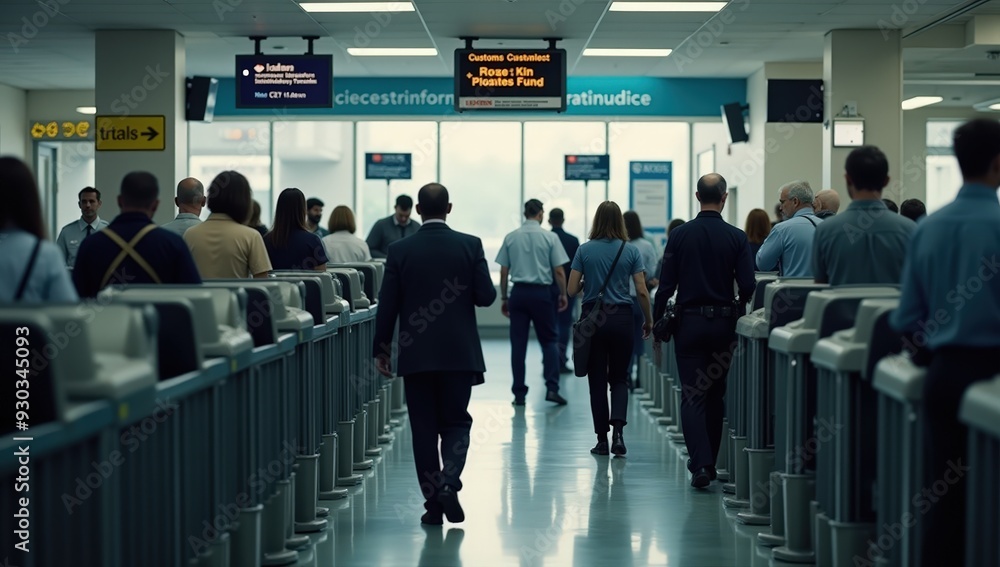 Passengers passing through airport customs Passengers passing through airport customs