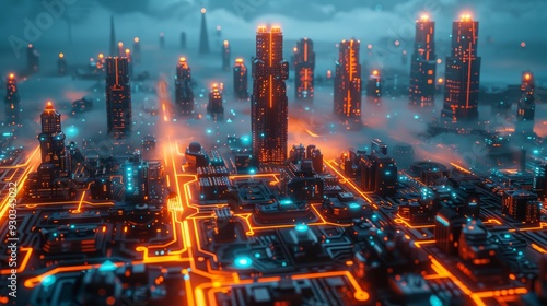 Neon city skyline with glowing buildings and fog at night