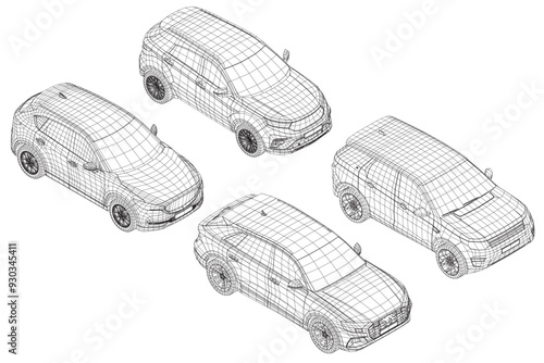 Set of wireframe different models of cars. Vector flat style illustration. Isometric view car vector illustration. 3D.
