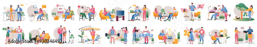 Mega set of gradient concepts with people scene in flat cartoon design. Different topics are depicted in this collection in a beautiful color palette. Vector illustration.