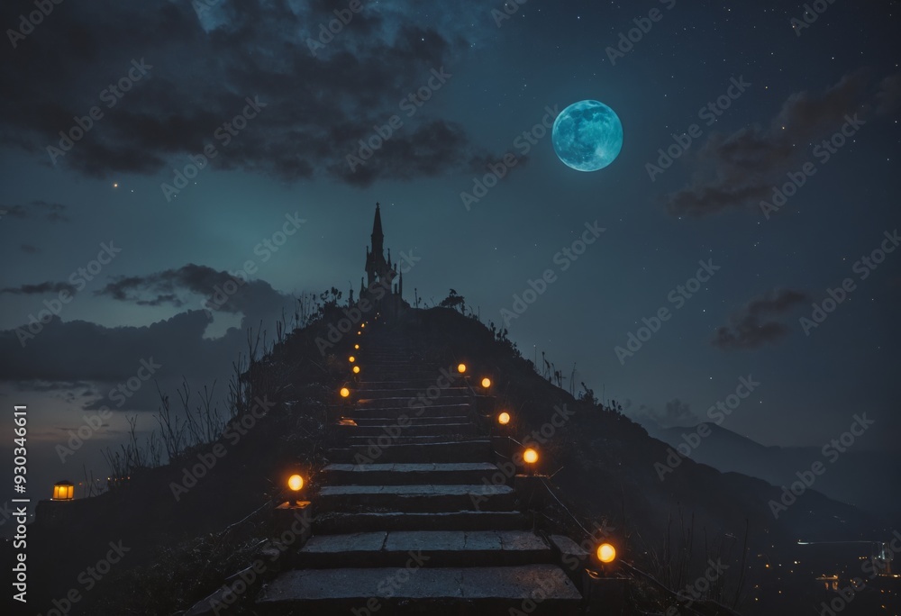pathway with a castle on top and a full moon in the sky, giving it a ...