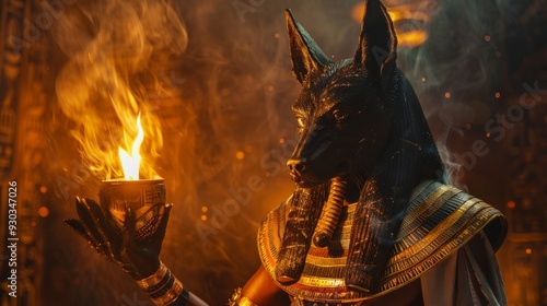 Anubis holding a flame in an ancient Egyptian setting illuminated by smoke photo