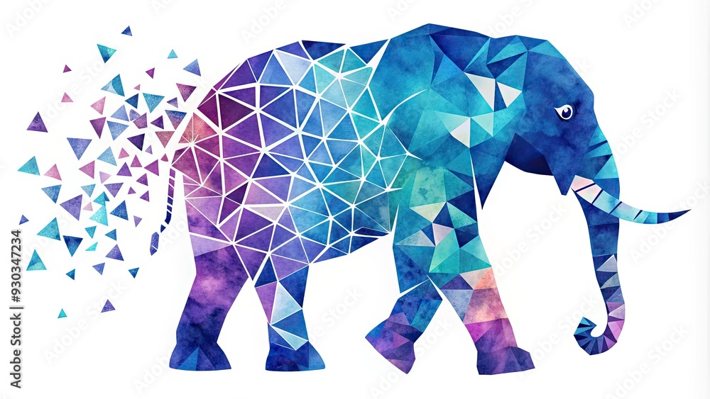 Obraz premium Abstract geometric elephant silhouette composed of vibrant triangle fragments in shades of blue and purple, set against a bright white background with subtle texture.