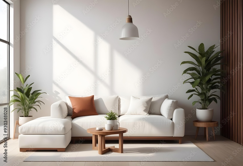 Fototapeta premium A modern, minimalist living room with a large, comfortable white sofa, accent pillows, and a wooden coffee table. The room is clean.