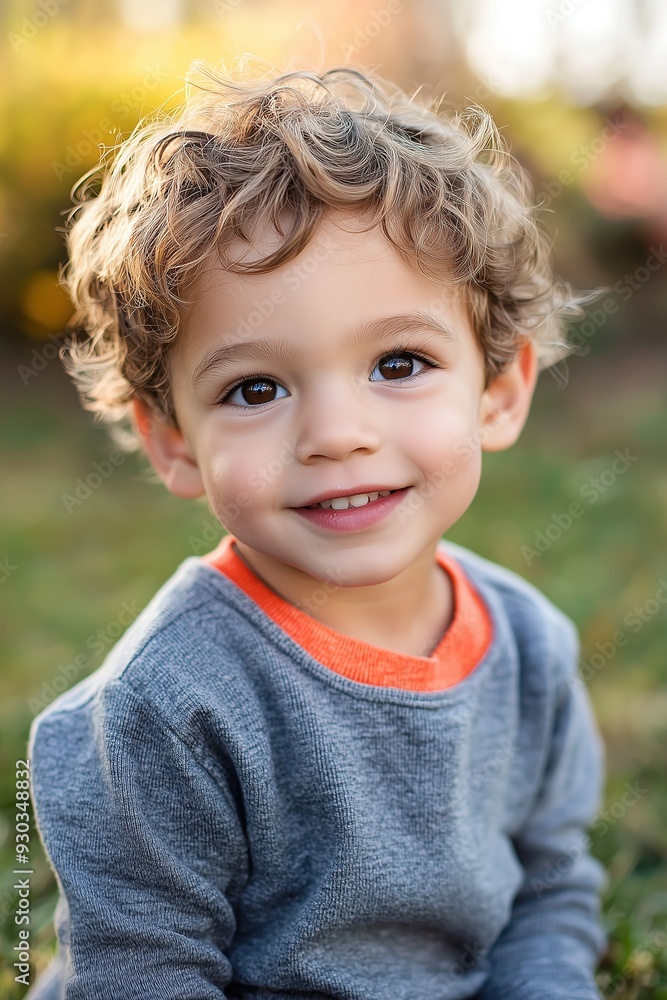 Smiling young boy with curly hair enjoying the outdoors in a park on a sunny day. Smiling young boy with curly hair enjoying the outdoors in a park on a sunny day.