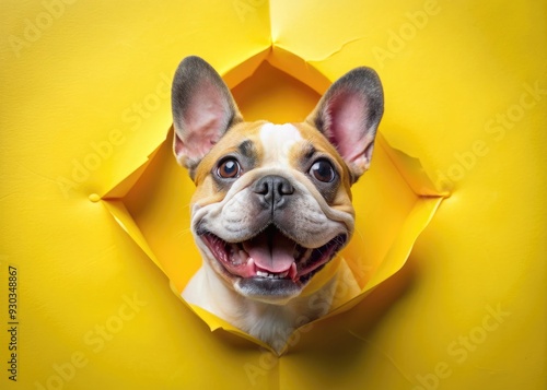 A cheerful French Bulldog's bright smile shines through a torn yellow paper, exuding joy and friendly charm in a vibrant, playful, and endearing visual scene. photo